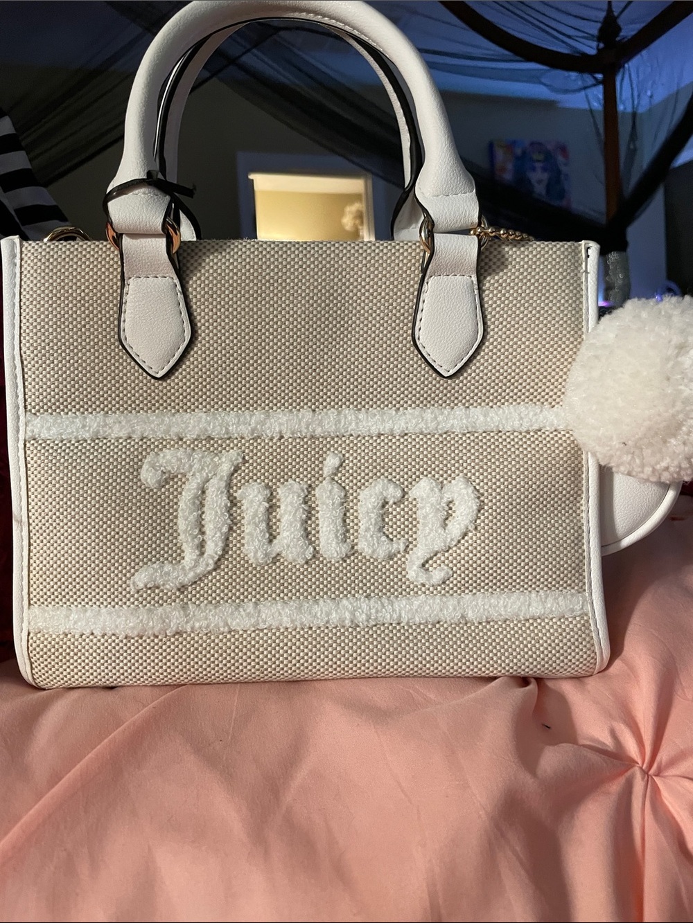 Juicy Couture Cream and White Satchel with Pom Pom